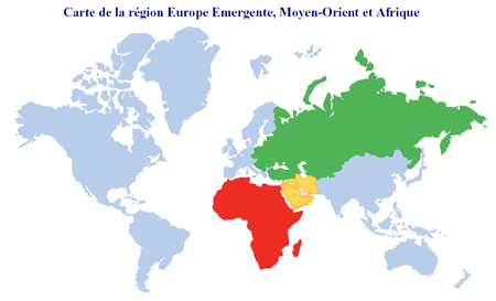 Carte de la région Europe Emergeante, Moyen-Orient et Afrique